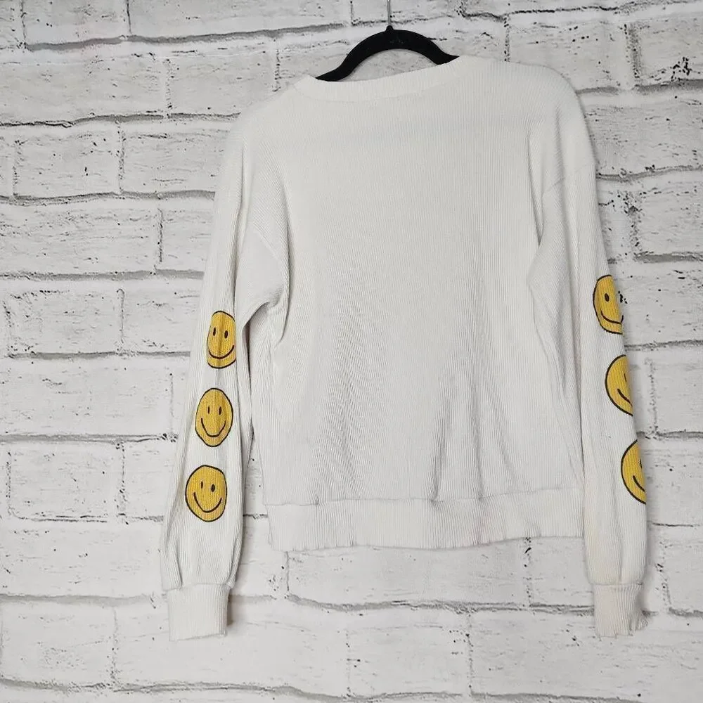 Ces Femme Womens White Ribbed Smiley Face Long Sleeve Pullover Sweatshirt Medium